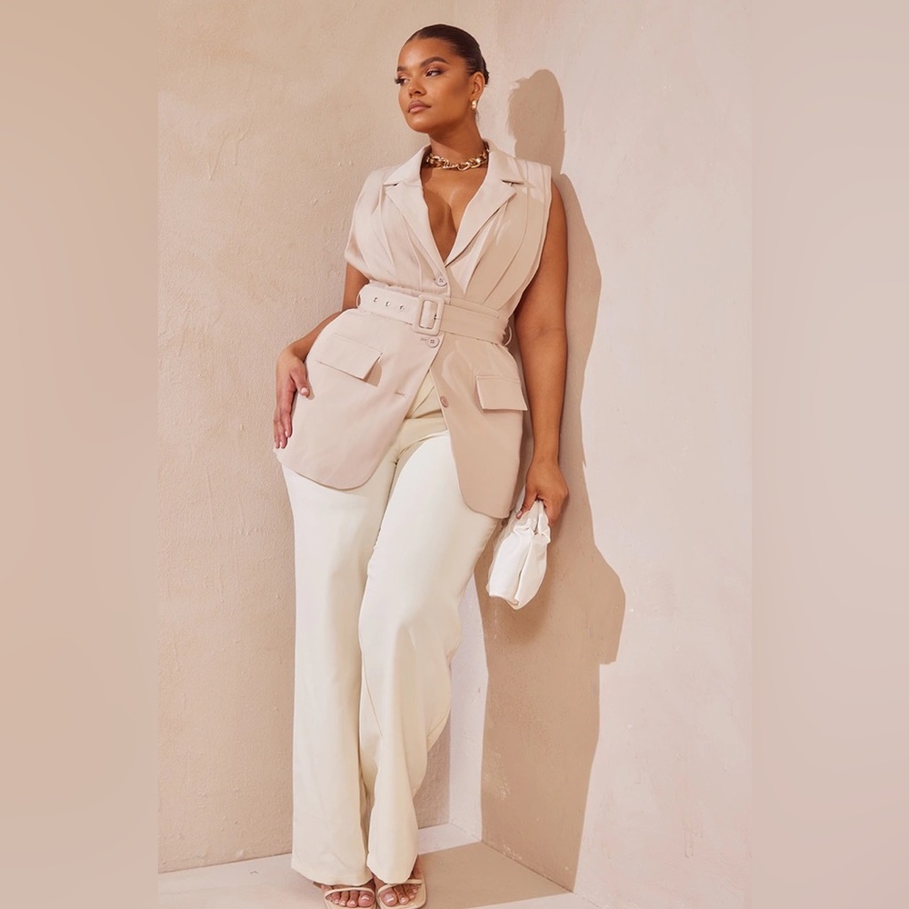 Plus Stone Pleat Front Shoulder Padded Sleeveless Belted Blazer